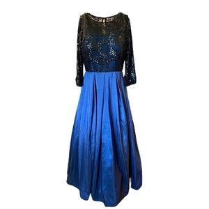 ELIZA J, LACE & FAILLE, BLACK SEQUINED TOP WITH BLUE SKIRT. SIZE 6